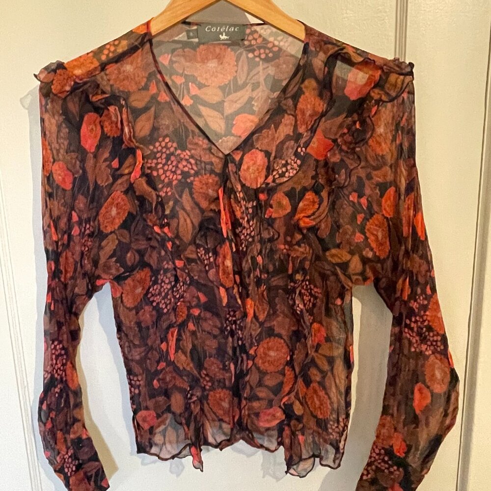 Cotelac Sheer Floral Long Sleeve Blouse 100% Silk sz 2 (eq. to size 8)